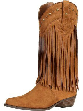 Women's Cowgirl Boots Block Heel Brown Western Shoes Fringe 1.77" Heeled Boots